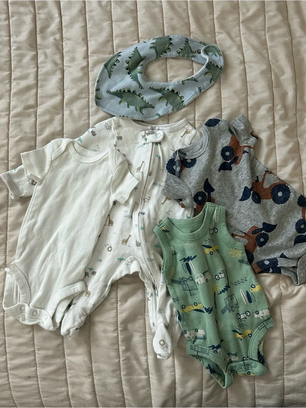 Carter's Green Dinosaur Bib and Neutral Baby Bodysuit bundle